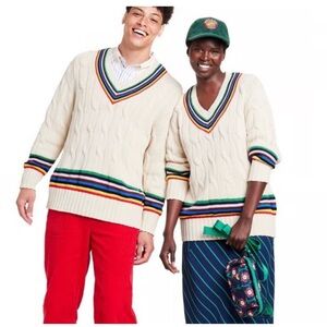 Rowing Blazers Cream V-Neck croquet Sweater with Colorful Stripes